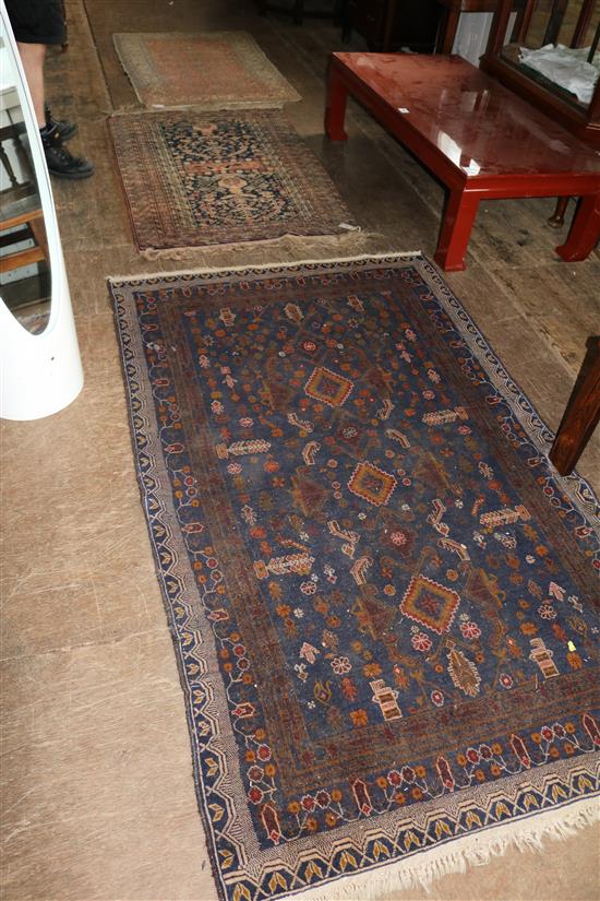 2 blue ground Afgan Baluch rugs & Turkish pink ground rug